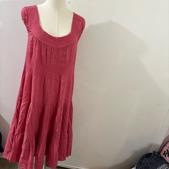 Theory Coral Pink Linen Blend Haldena Crunch Midi Dress Sz 4 Preppy Peasant - Picture 2 of 10